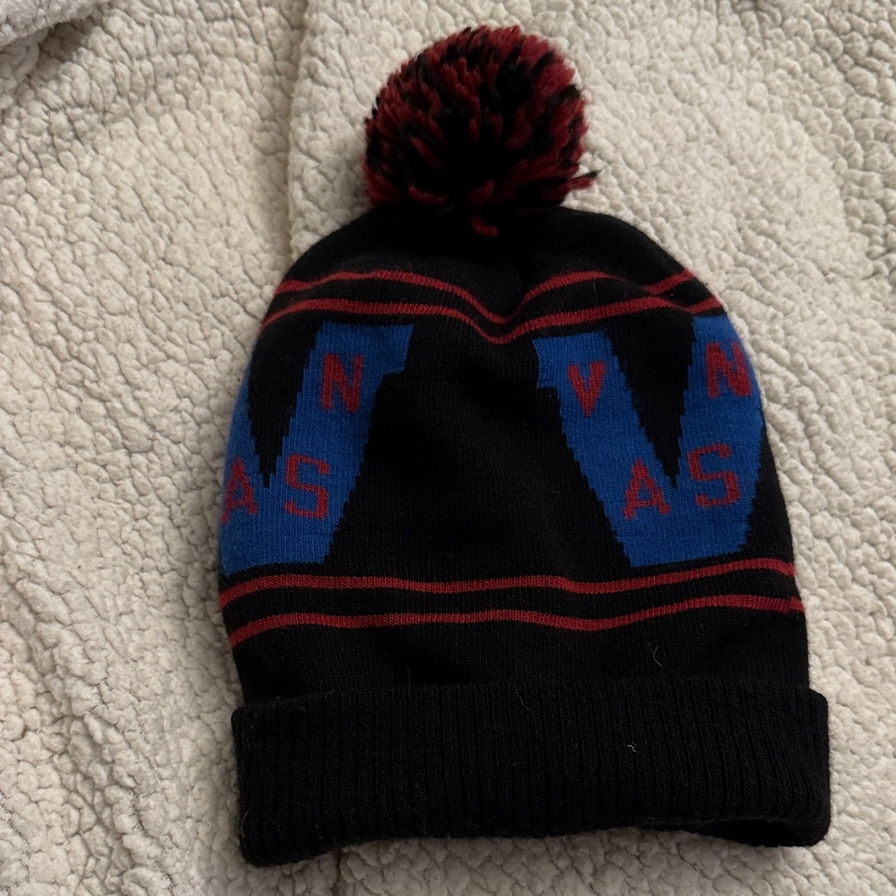 Vans off the Wall Black and Blue Beanie with Red Pom-Pom VGUC